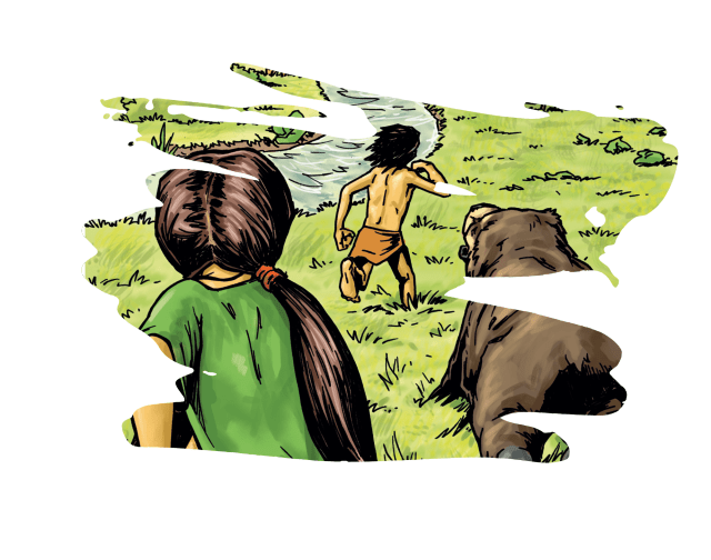 mowgli, shanti en baloe aan het lopen op de vlakte