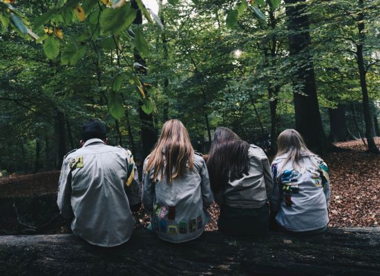 Vier jonge mensen in scoutsuniform die op een omgevallen boomstam in een bos zitten. De ruggen naar de camera gekeerd.