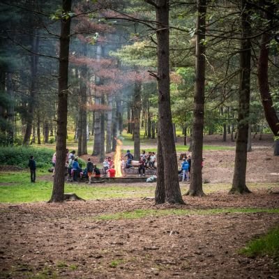 Scoutsgroep zitten aan het kampvuur in een bos