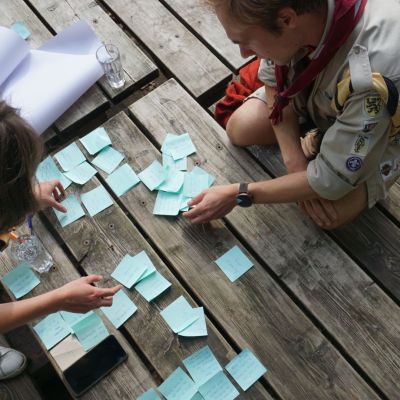 leiding rond een tafel met post-its