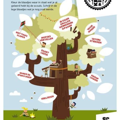 Illustratie van een boom met allemaal blaadjes om in te vullen en in te kleuren