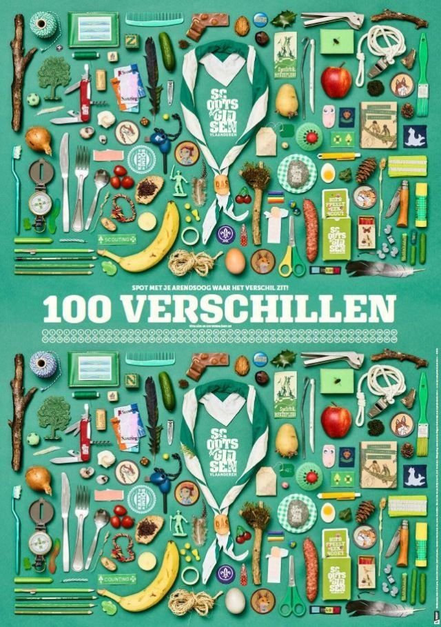 XL-spelposter zoek de 100 verschillen met allemaal scoutsvoorwerpen op.