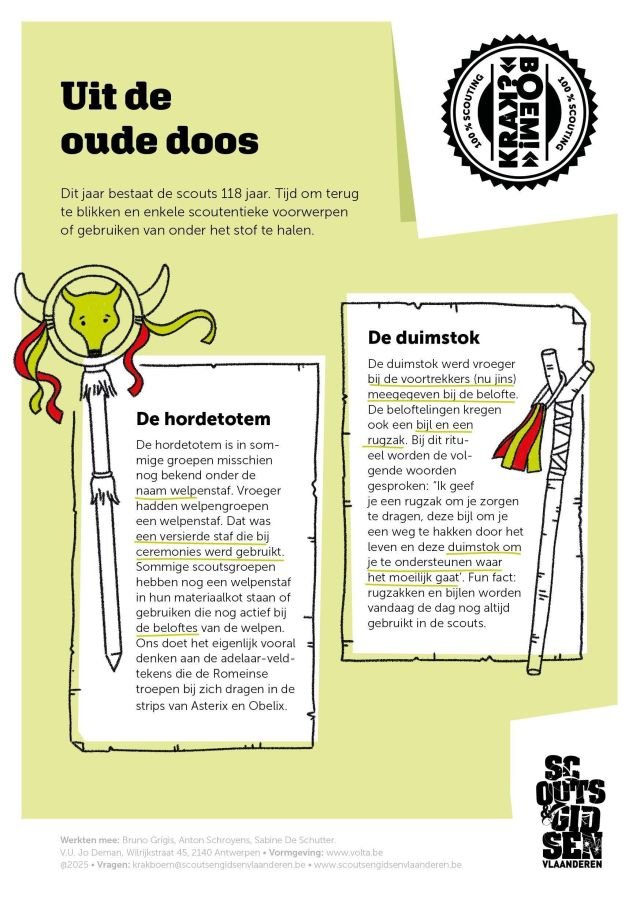 flyer voor groepsblaadjes met info over twee scoutentieke voorwerpen