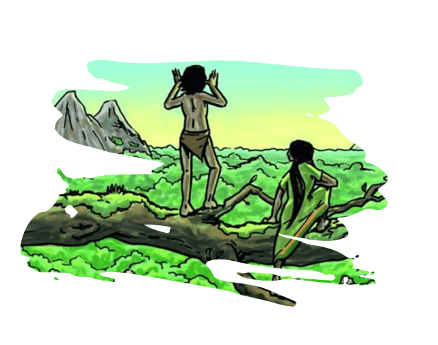 Mowgli en shanti staan op een tak kijken over de jungle 