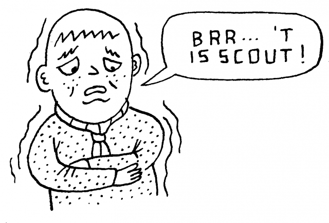 Cartoon: Bart Schoofs tekening van een scouts die zegt: brr... 't is scout!