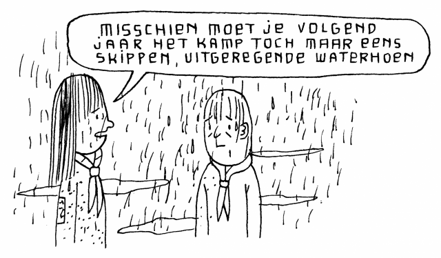 Cartoon van een giver met de totem uitgeregende waterhoen die niet meer mee op (regen)kamp mag.