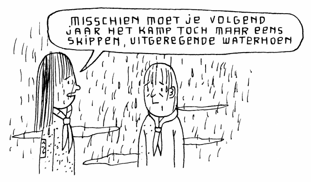 Cartoon: Bart Schoofs Cartoon van een giver met de totem uitgeregende waterhoen die niet meer mee op (regen)kamp mag.