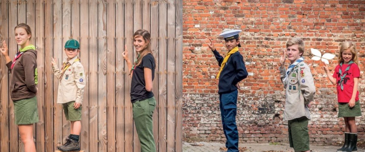 Dries Luyten scouts en gidsen poserend in allerlei vormen van het scoutsuniform