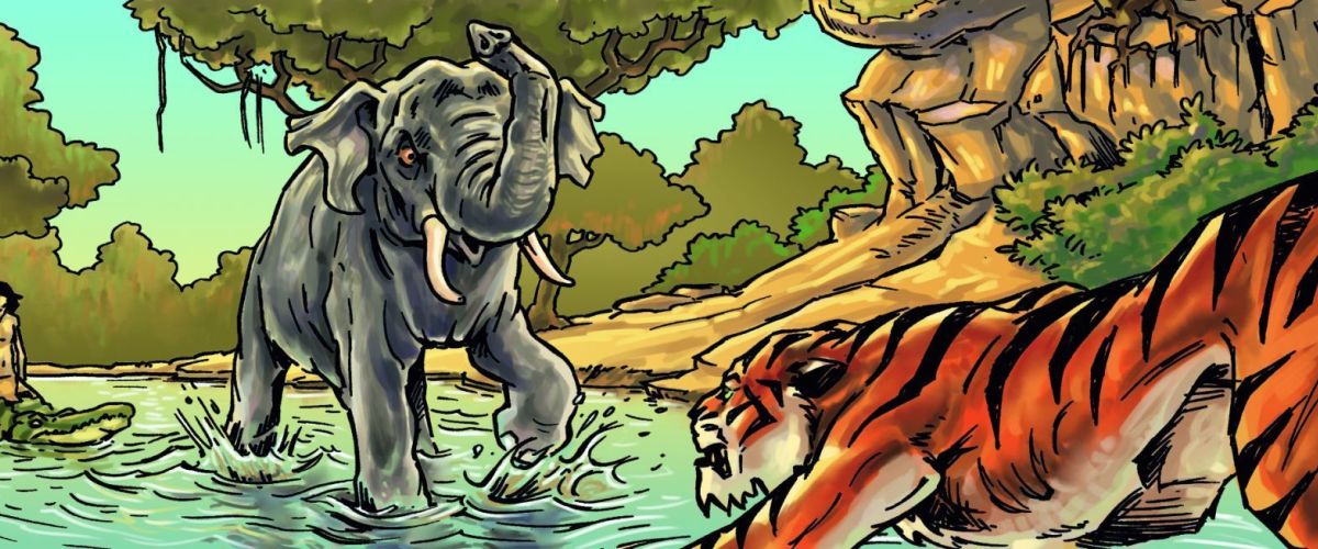 Illustratie uit boek Jungle-avonturen van Shanti en Mowgli 