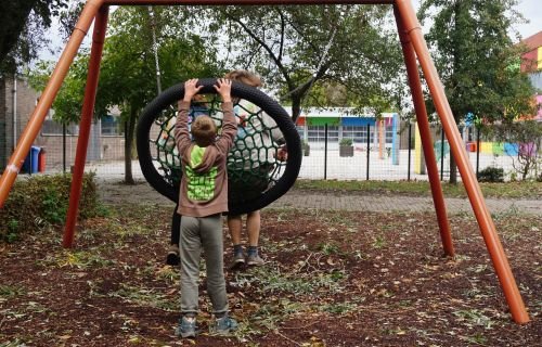 Akabeërs spelen met een grote schommel