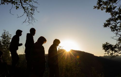 silhouette van jonggivers in de avondzon