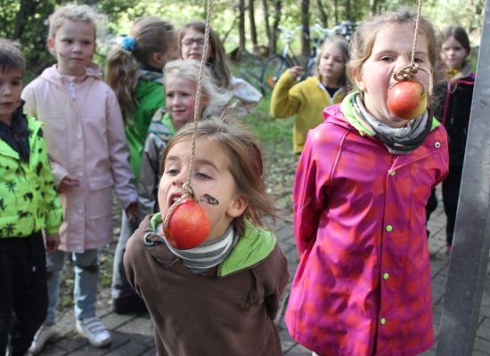 Twee kapoenen bijten in appels die bungelen aan touwtjes