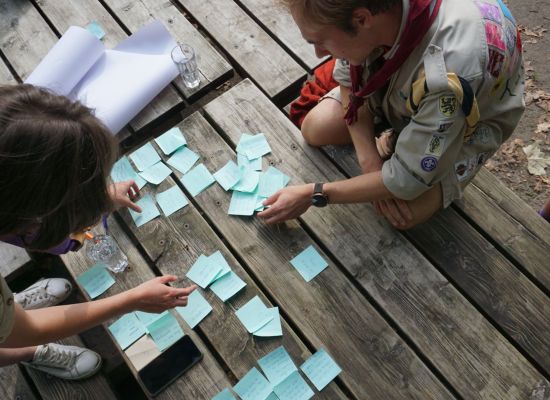 leiding rond een tafel met post-its