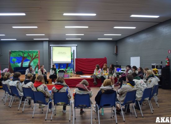 Grote groep leiding volgt workshop in een zaal op het akabeconvent.