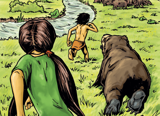 mowgli, shanti en baloe aan het lopen op de vlakte